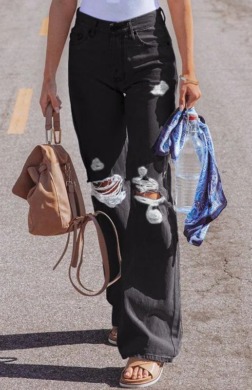 Ladies Ripped Wide-Leg Jeans