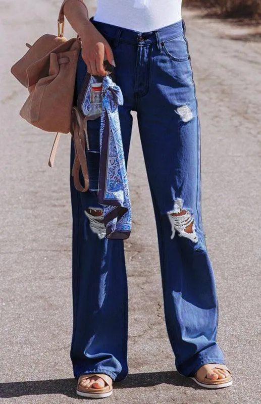 Ladies Ripped Wide-Leg Jeans