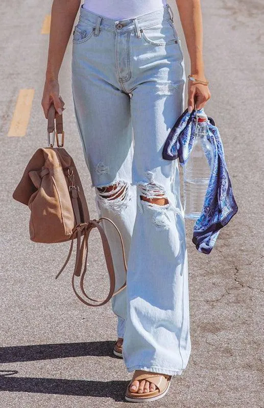 Ladies Ripped Wide-Leg Jeans