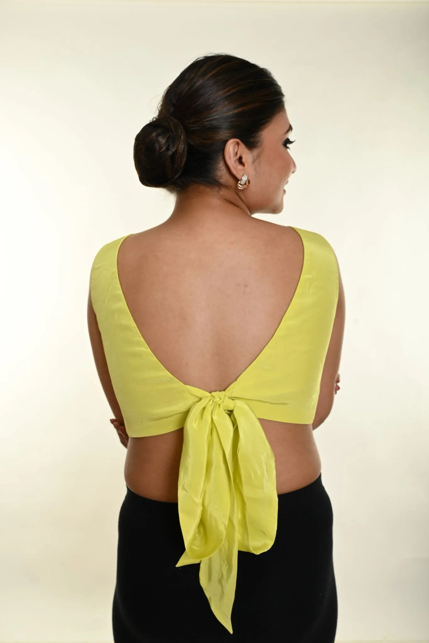 Lemon Yellow Back Bow Boatneck Satin Sleeveless Blouse