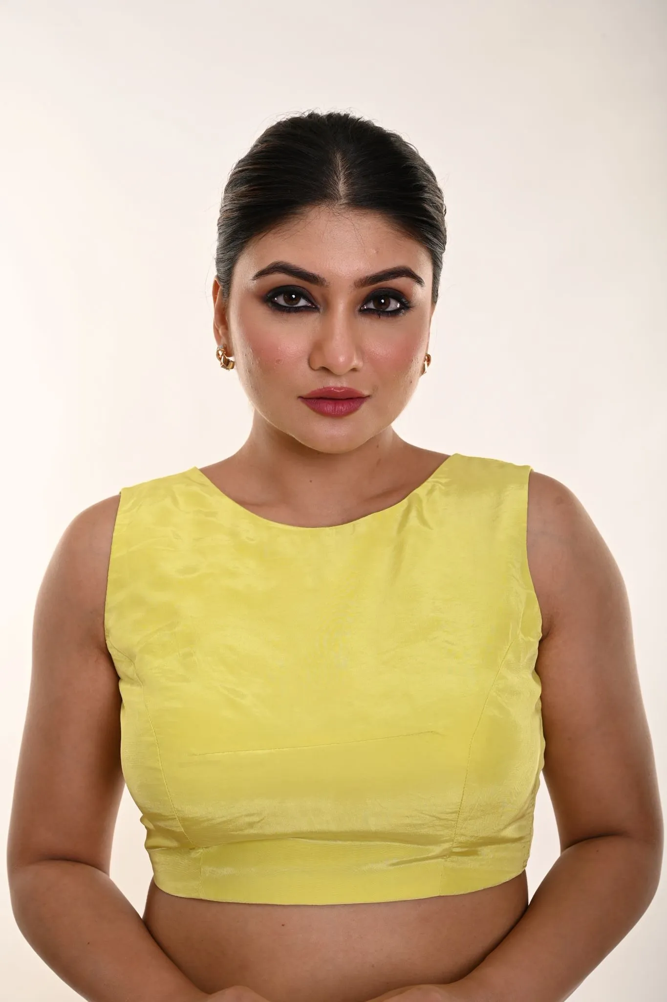 Lemon Yellow Back Bow Boatneck Satin Sleeveless Blouse