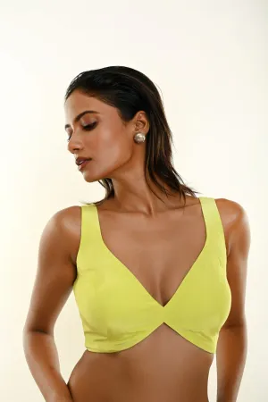Lime Green Blouse with Plunging Sweetheart Neckline and Back Button Closure