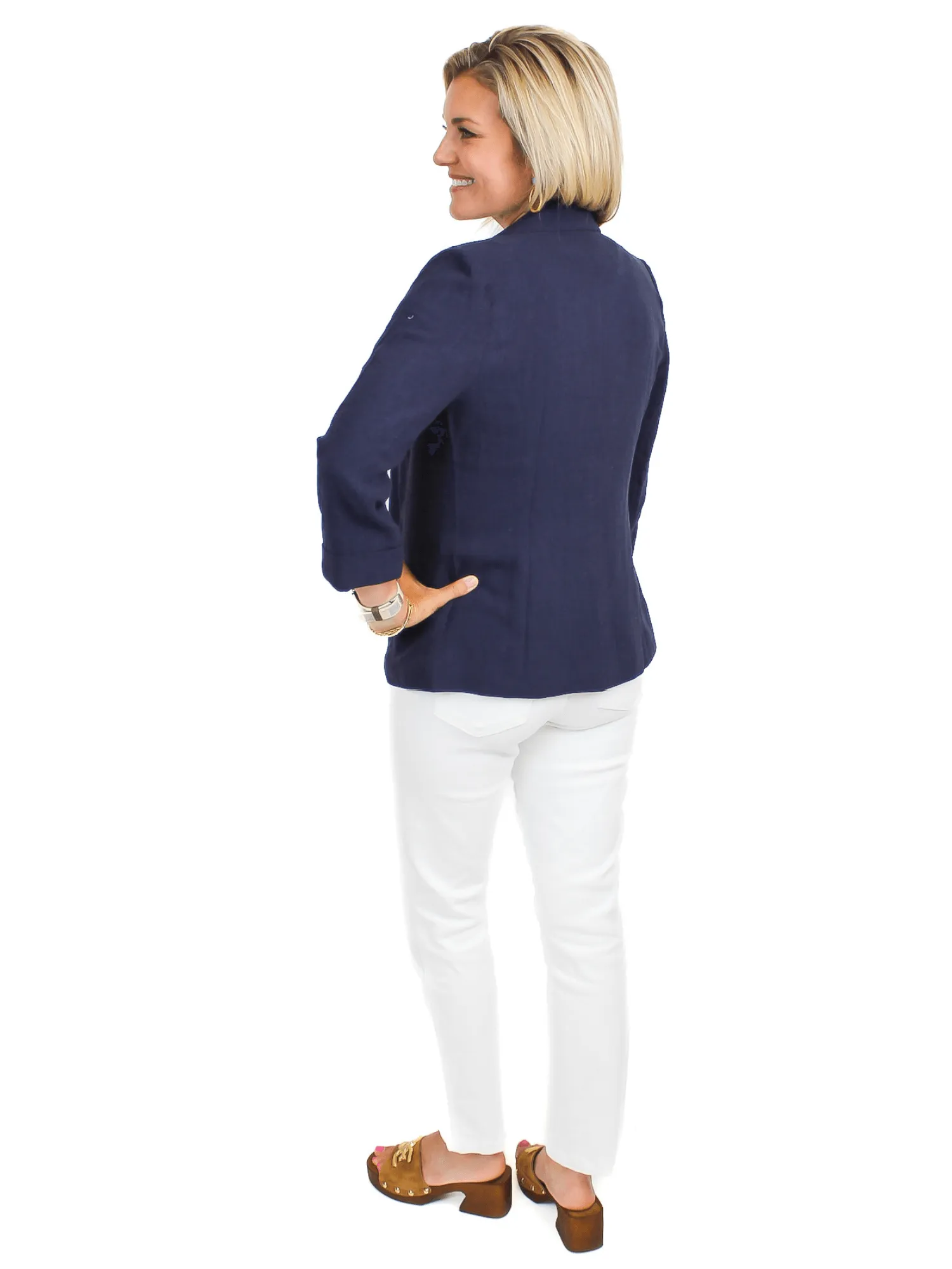 Linen 3/4 Sleeve Blazer - Navy