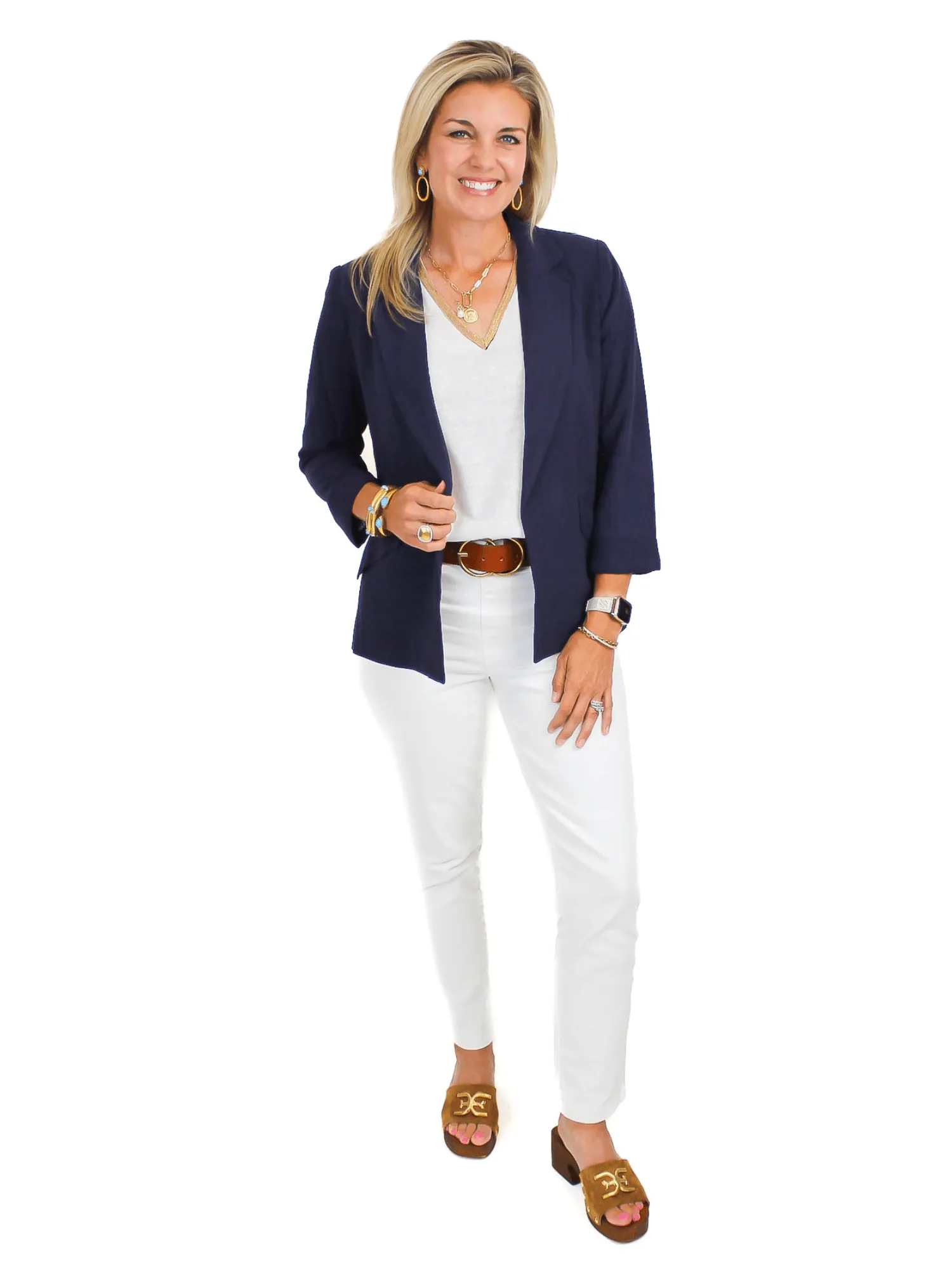 Linen 3/4 Sleeve Blazer - Navy