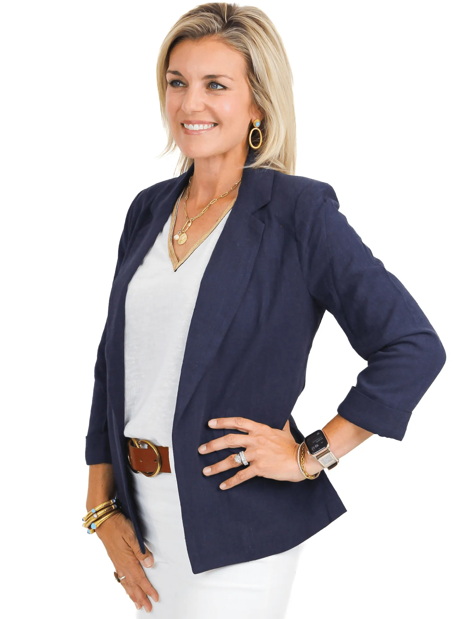Linen 3/4 Sleeve Blazer - Navy