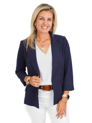 Linen 3/4 Sleeve Blazer - Navy