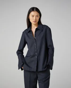 Livia Shirt in Wool, Navy Pinstripe