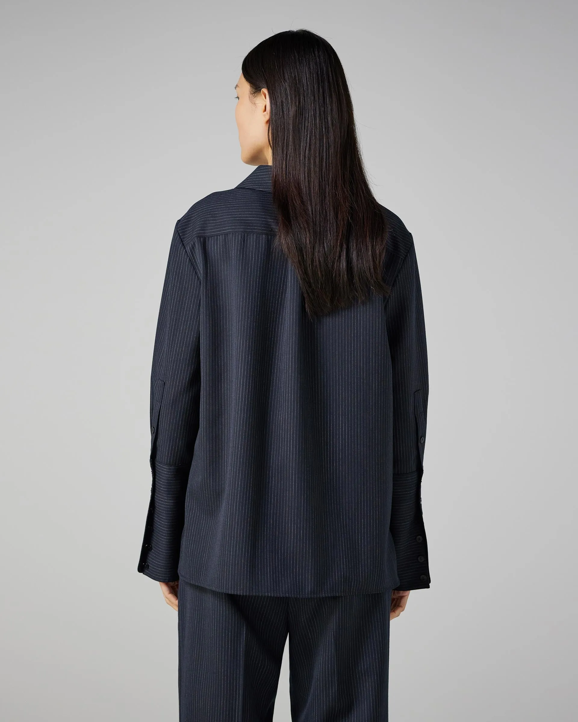 Livia Shirt in Wool, Navy Pinstripe