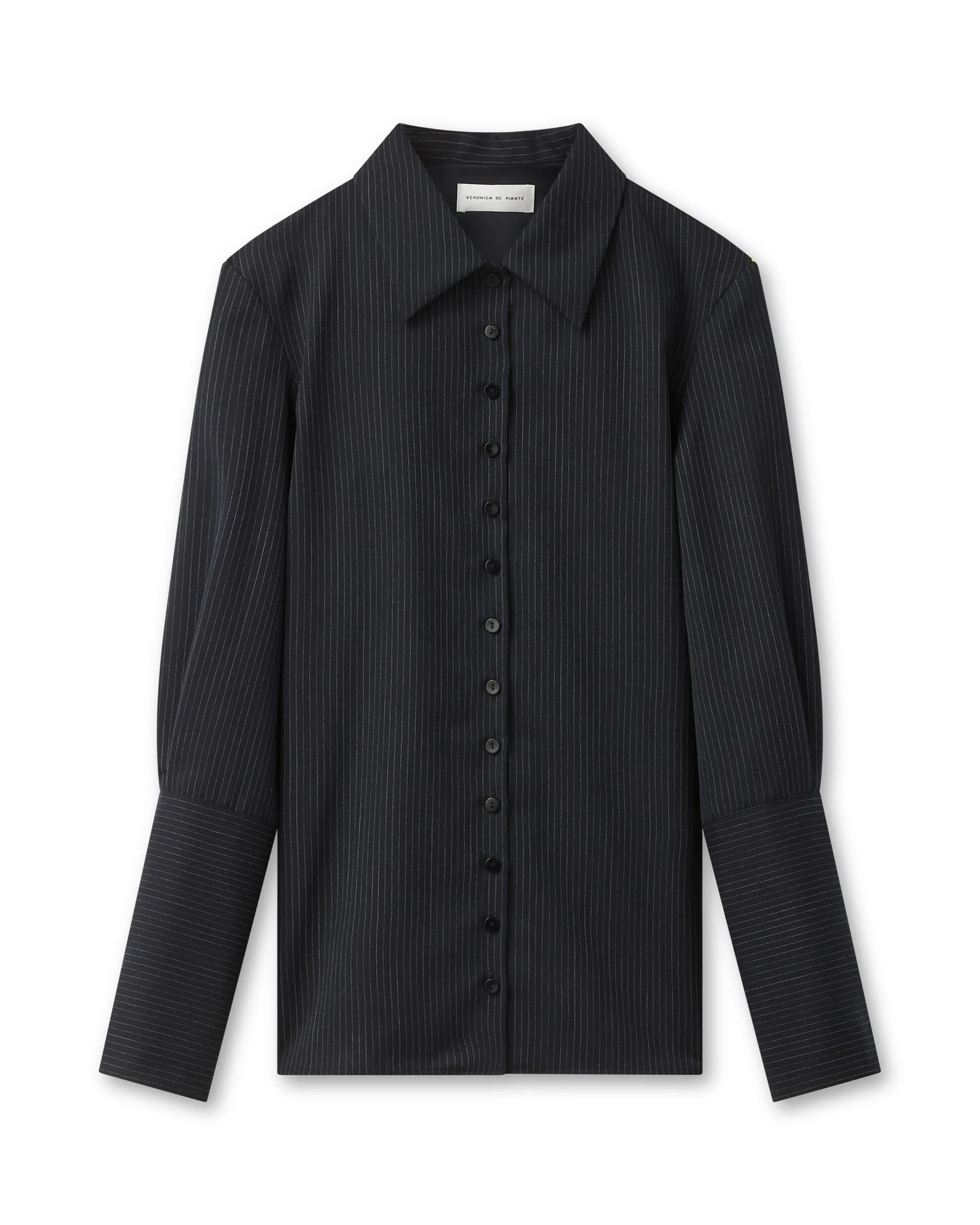 Livia Shirt in Wool, Navy Pinstripe