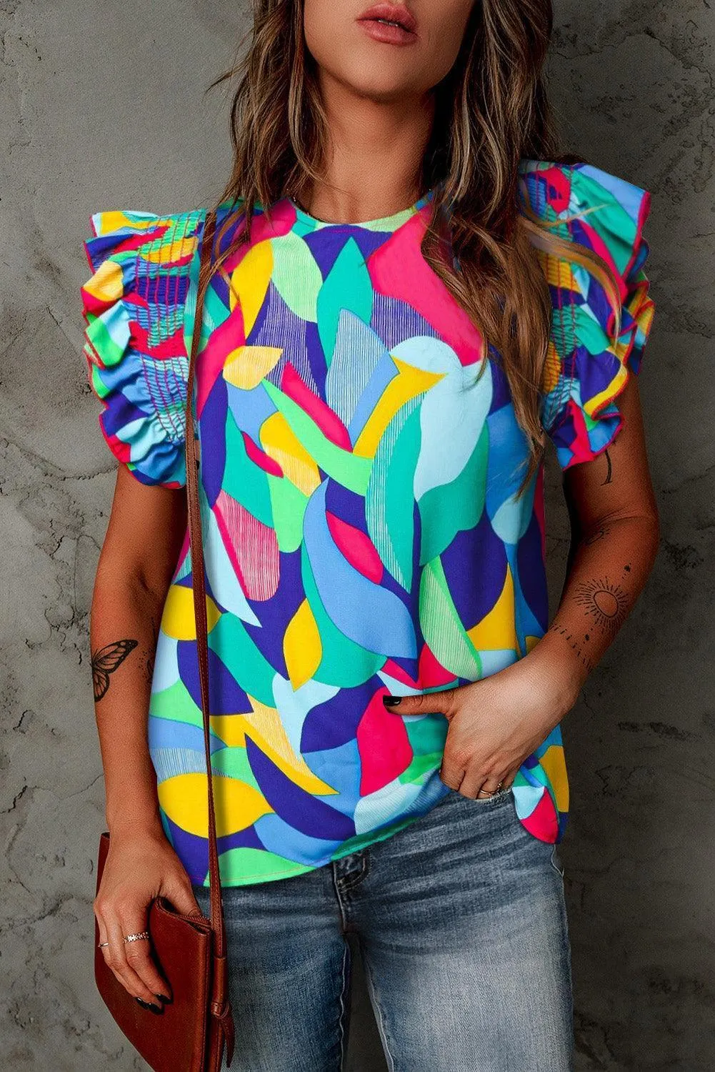 Living In Color Crew Neck Butterfly Sleeve Top