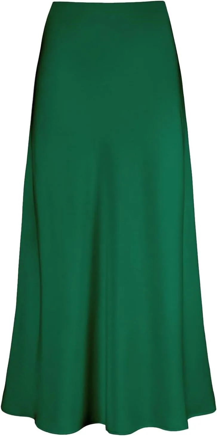 Long Skirts for Women Summer Stretchy Flowy Maxi Skirt Dressy Casual Satin Skirt for Work Fold Over High Waisted