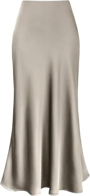 Long Skirts for Women Summer Stretchy Flowy Maxi Skirt Dressy Casual Satin Skirt for Work Fold Over High Waisted