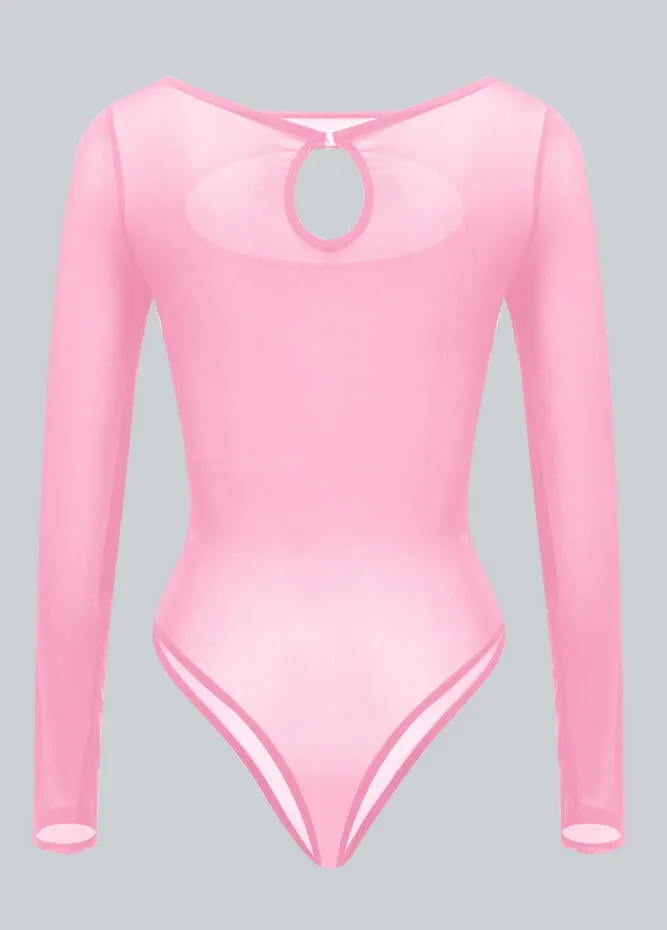 Long Sleeve Sheer Mesh Bodysuit With Keyhole Cutout