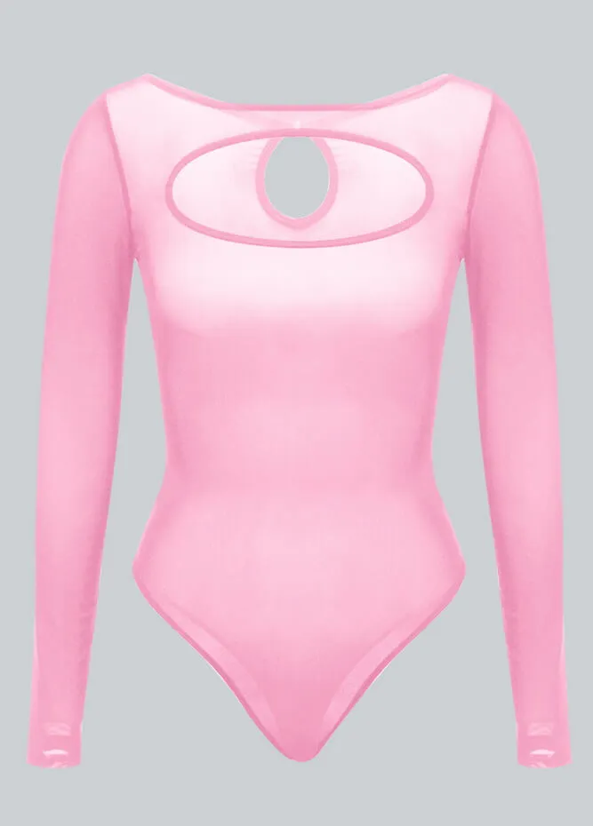 Long Sleeve Sheer Mesh Bodysuit With Keyhole Cutout