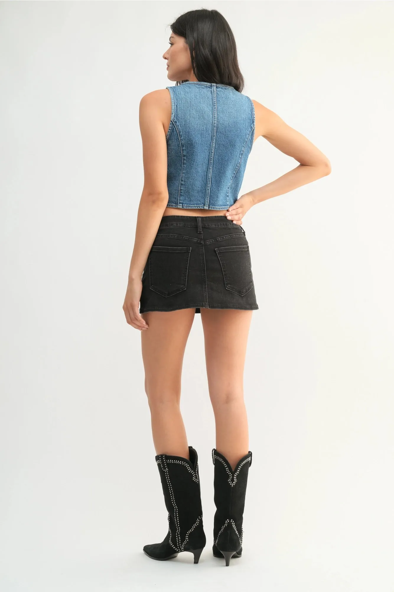 Low Rise Black Denim Mini Skort
