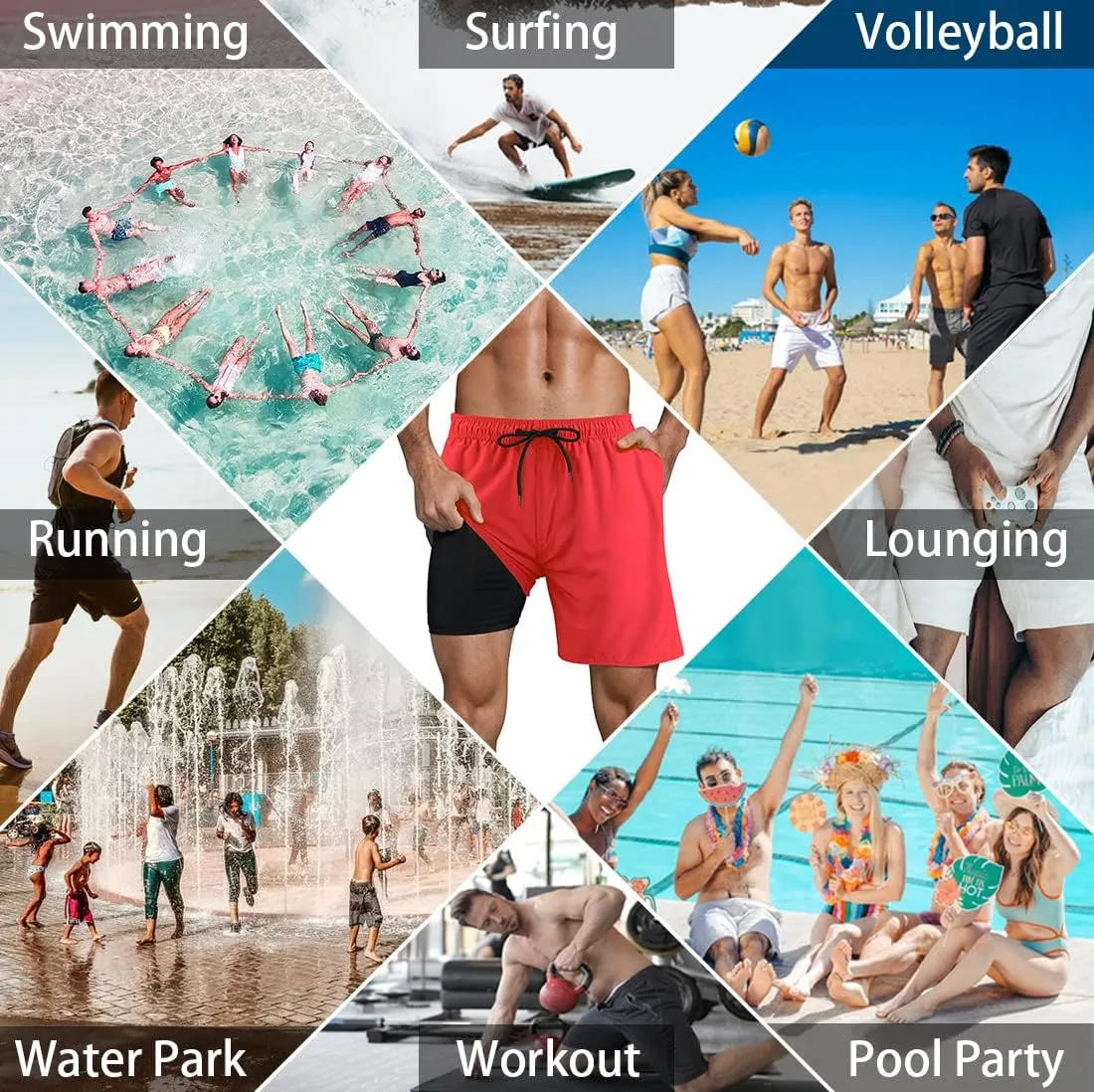LUCOWEE Mens Swim Trunks Comfortable Compression Liner Swim Shorts Zipper Pockets Quick Dry 7" Inseam Bathing Suit Swimsuits