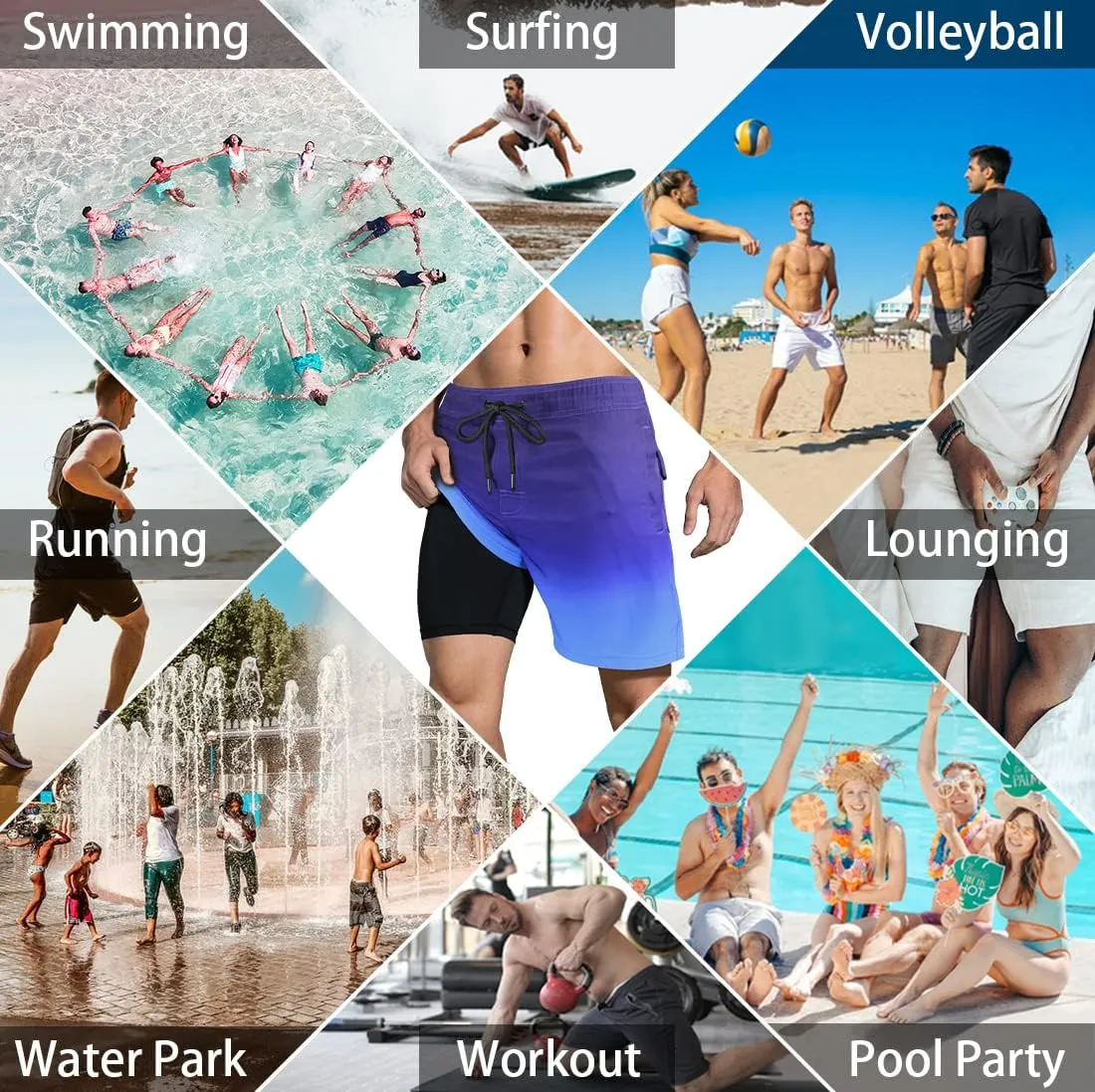 LUCOWEE Mens Swim Trunks Comfortable Compression Liner Swim Shorts Zipper Pockets Quick Dry 7" Inseam Bathing Suit Swimsuits