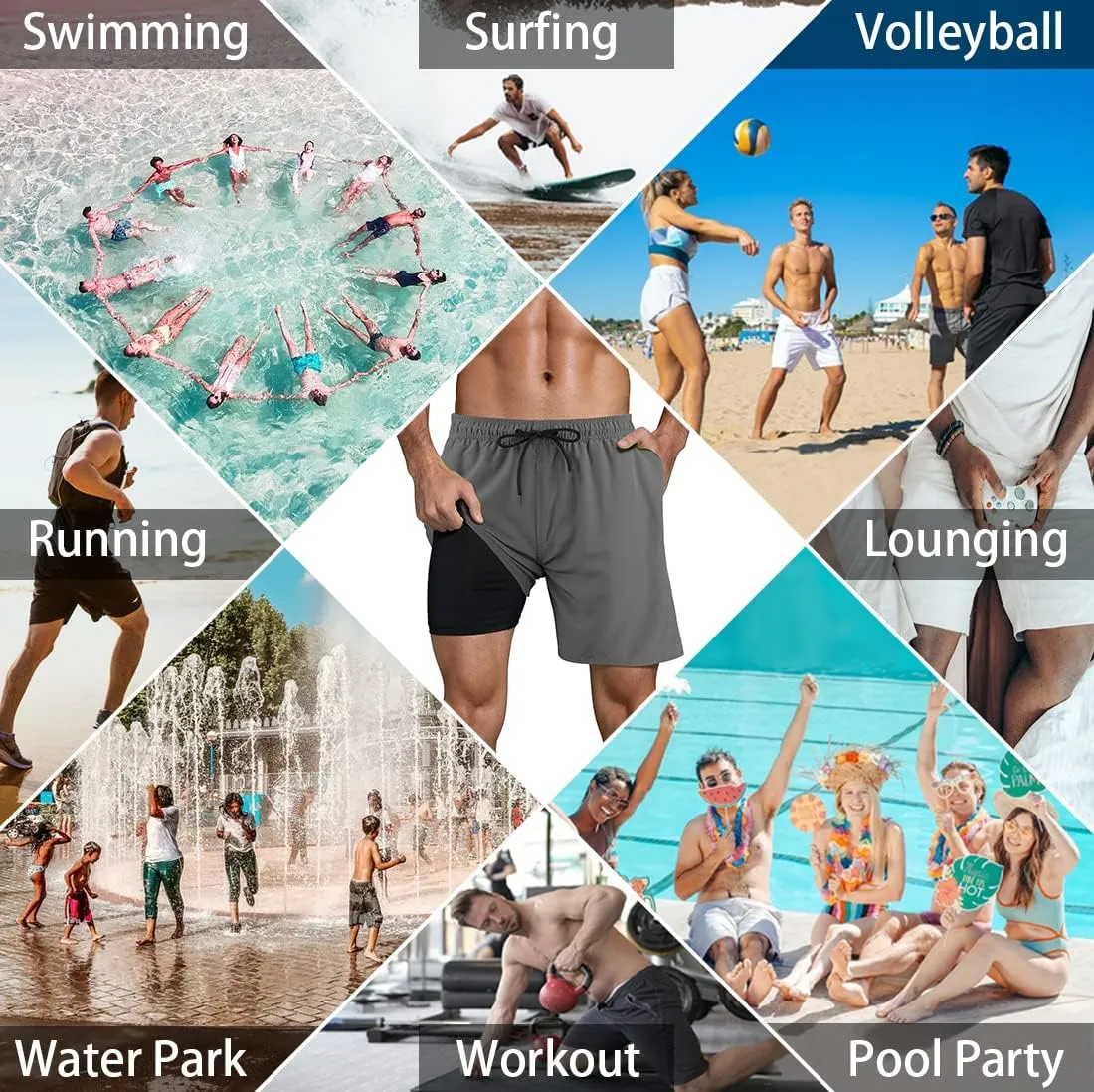 LUCOWEE Mens Swim Trunks Comfortable Compression Liner Swim Shorts Zipper Pockets Quick Dry 7" Inseam Bathing Suit Swimsuits