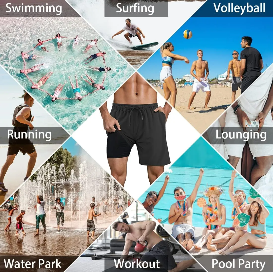 LUCOWEE Mens Swim Trunks Comfortable Compression Liner Swim Shorts Zipper Pockets Quick Dry 7" Inseam Bathing Suit Swimsuits