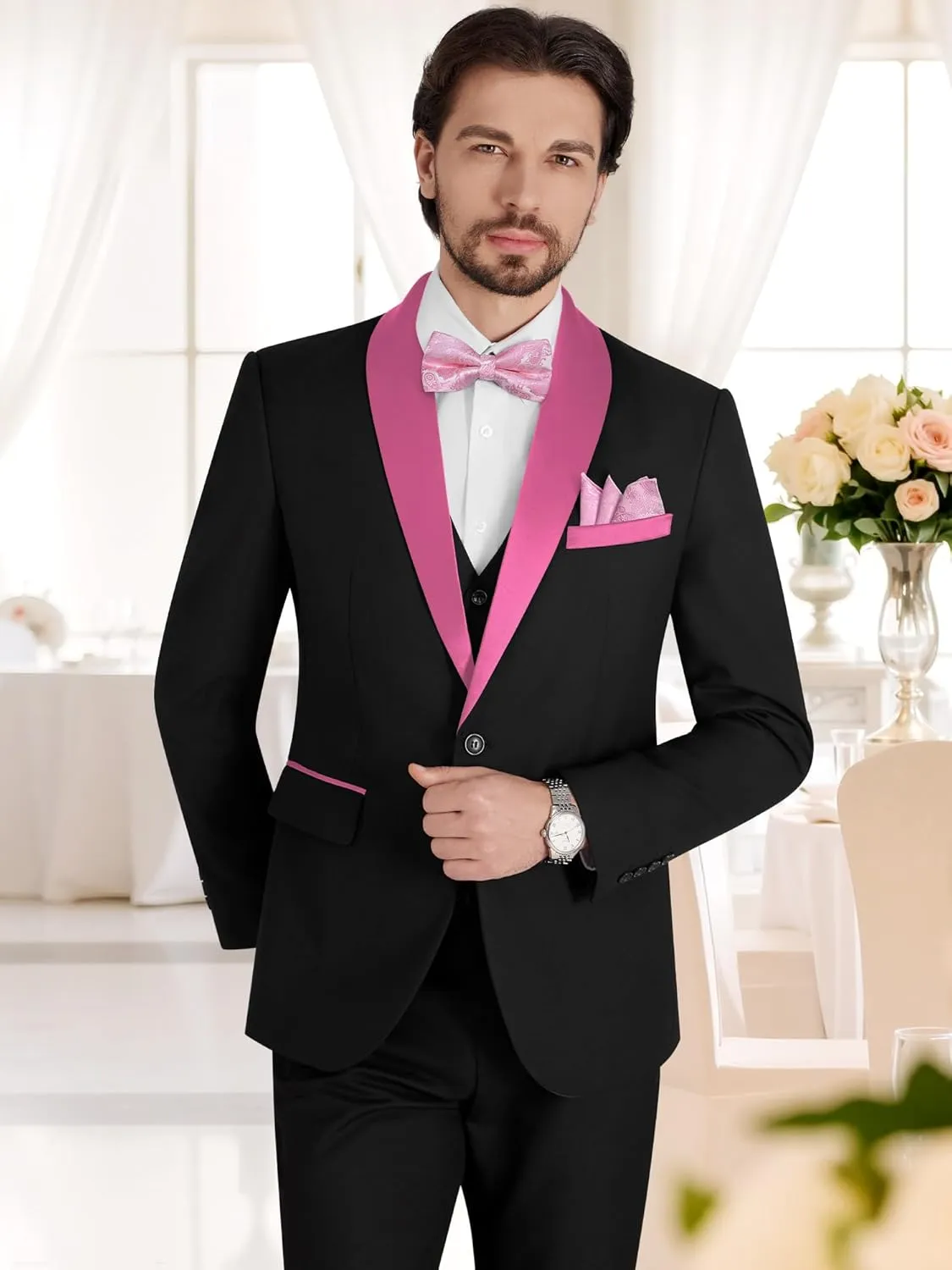 MAGE MALE Men's Slim Fit 3 Piece Suit Solid Shawl Lapel Blazer Jacket Vest Pants Set for Dinner Party Formal Wedding Prom