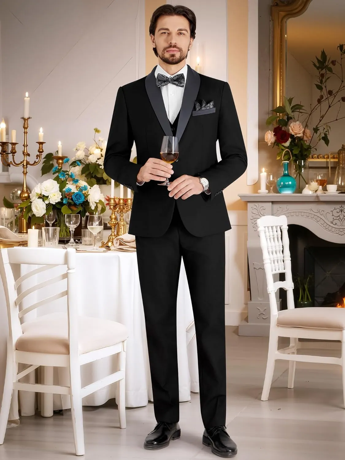 MAGE MALE Men's Slim Fit 3 Piece Suit Solid Shawl Lapel Blazer Jacket Vest Pants Set for Dinner Party Formal Wedding Prom