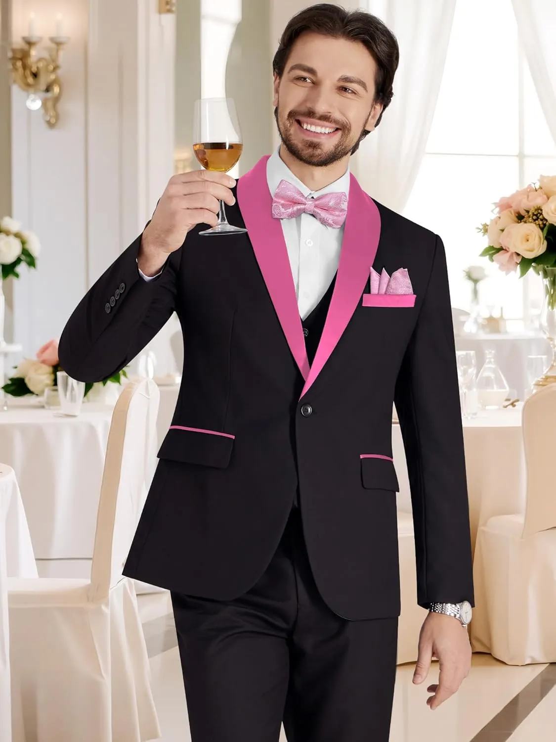 MAGE MALE Men's Slim Fit 3 Piece Suit Solid Shawl Lapel Blazer Jacket Vest Pants Set for Dinner Party Formal Wedding Prom