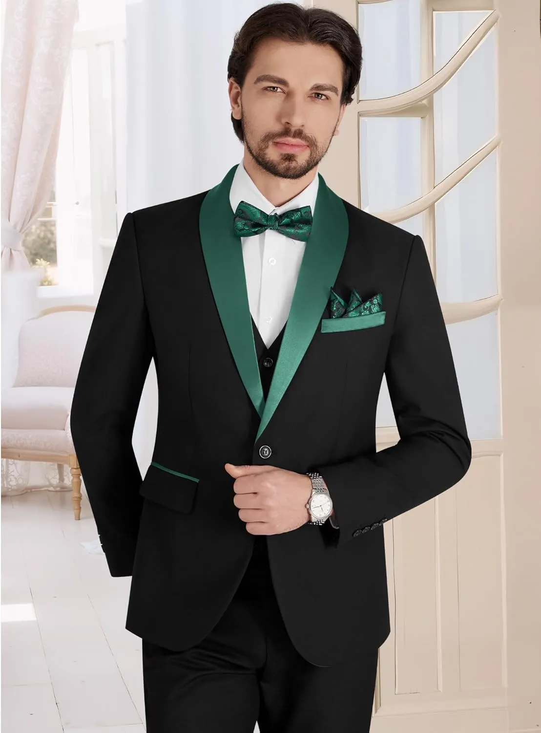 MAGE MALE Men's Slim Fit 3 Piece Suit Solid Shawl Lapel Blazer Jacket Vest Pants Set for Dinner Party Formal Wedding Prom