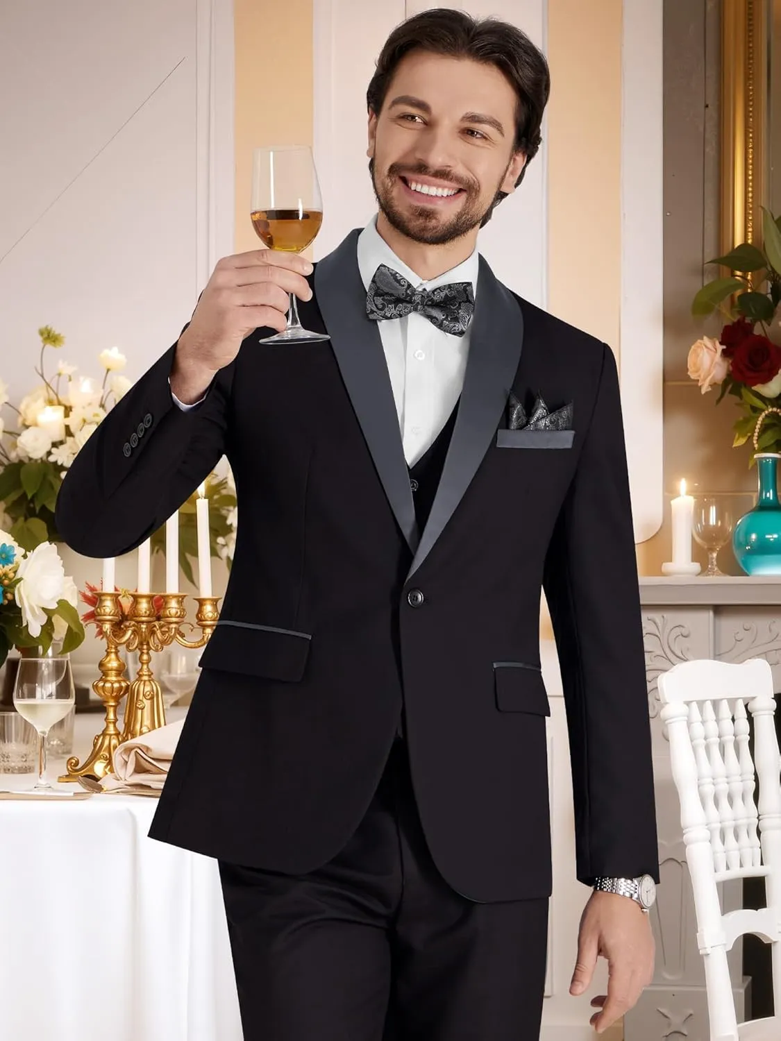 MAGE MALE Men's Slim Fit 3 Piece Suit Solid Shawl Lapel Blazer Jacket Vest Pants Set for Dinner Party Formal Wedding Prom