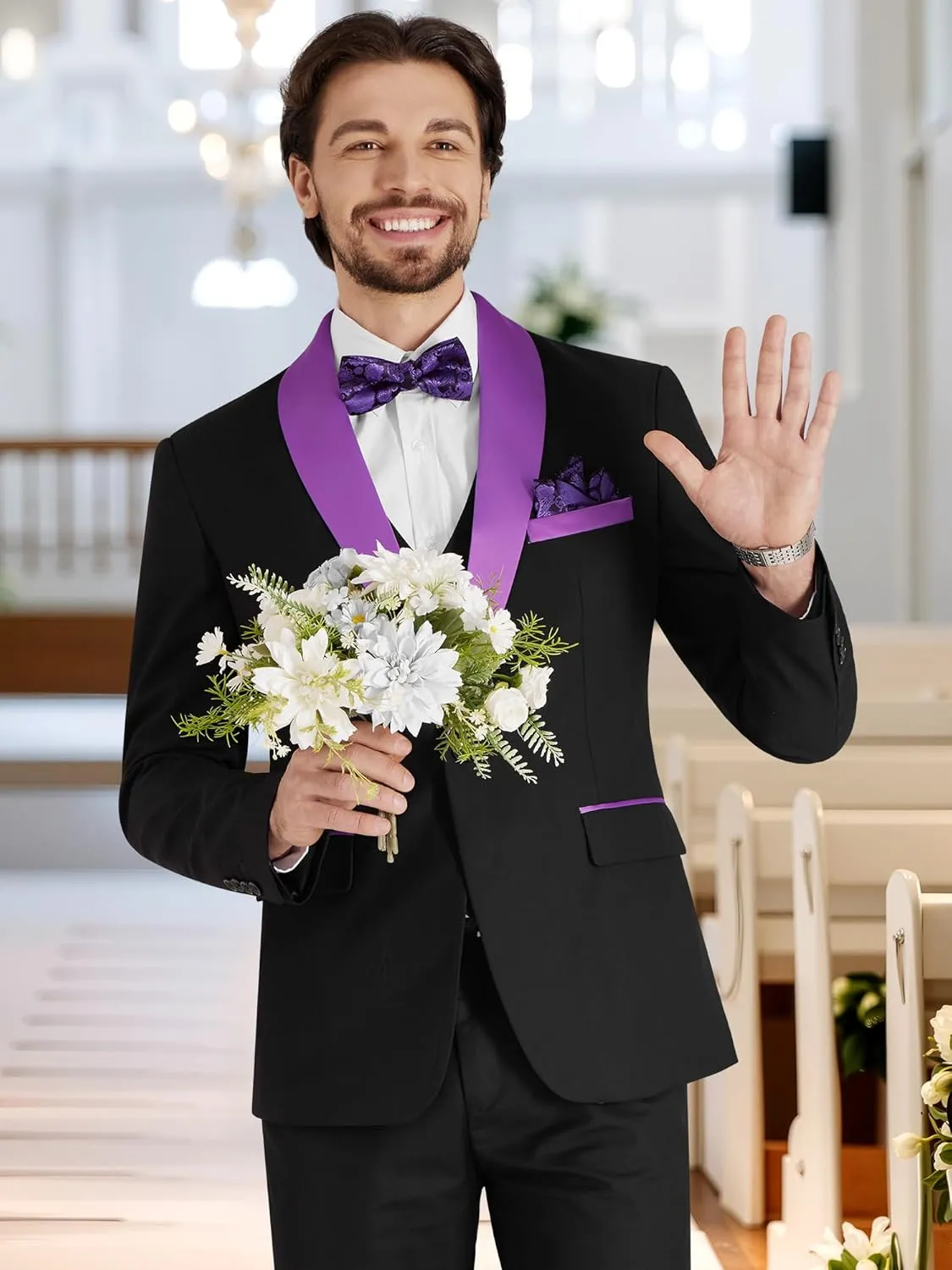 MAGE MALE Men's Slim Fit 3 Piece Suit Solid Shawl Lapel Blazer Jacket Vest Pants Set for Dinner Party Formal Wedding Prom