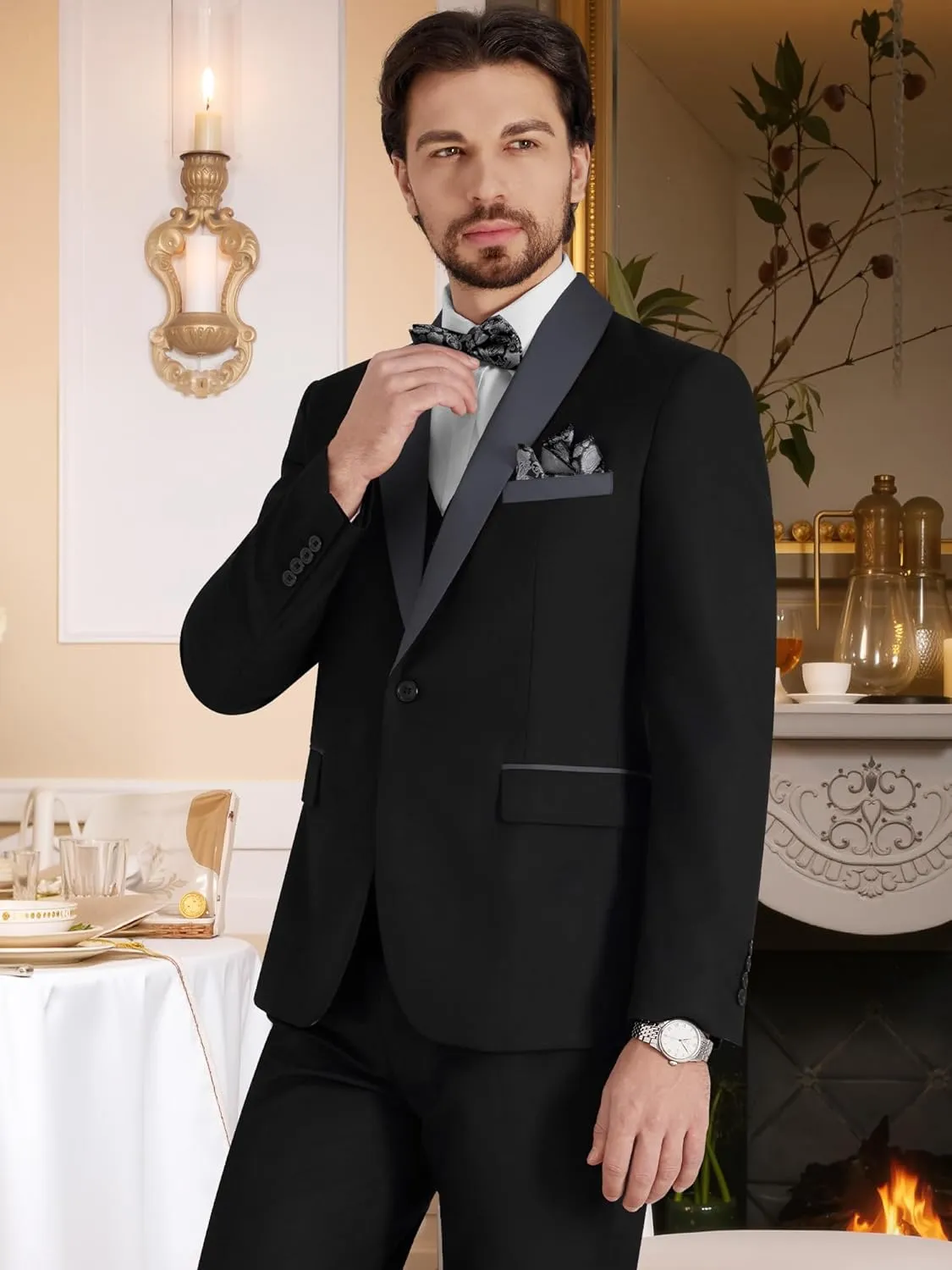 MAGE MALE Men's Slim Fit 3 Piece Suit Solid Shawl Lapel Blazer Jacket Vest Pants Set for Dinner Party Formal Wedding Prom