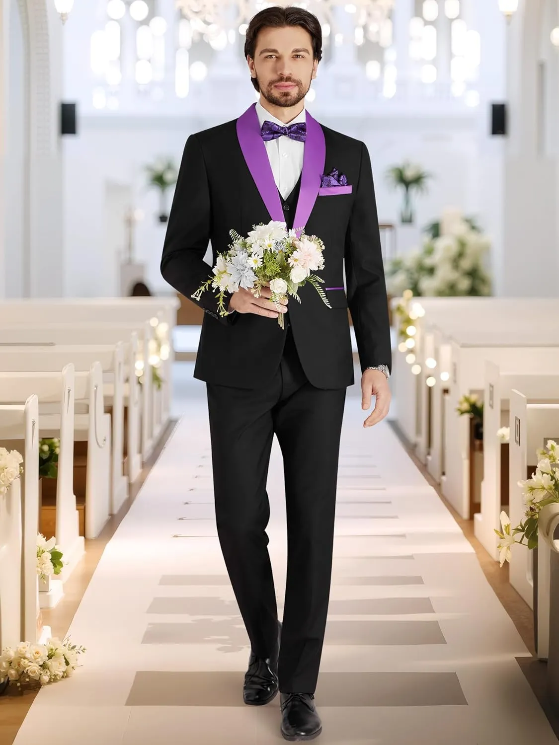 MAGE MALE Men's Slim Fit 3 Piece Suit Solid Shawl Lapel Blazer Jacket Vest Pants Set for Dinner Party Formal Wedding Prom