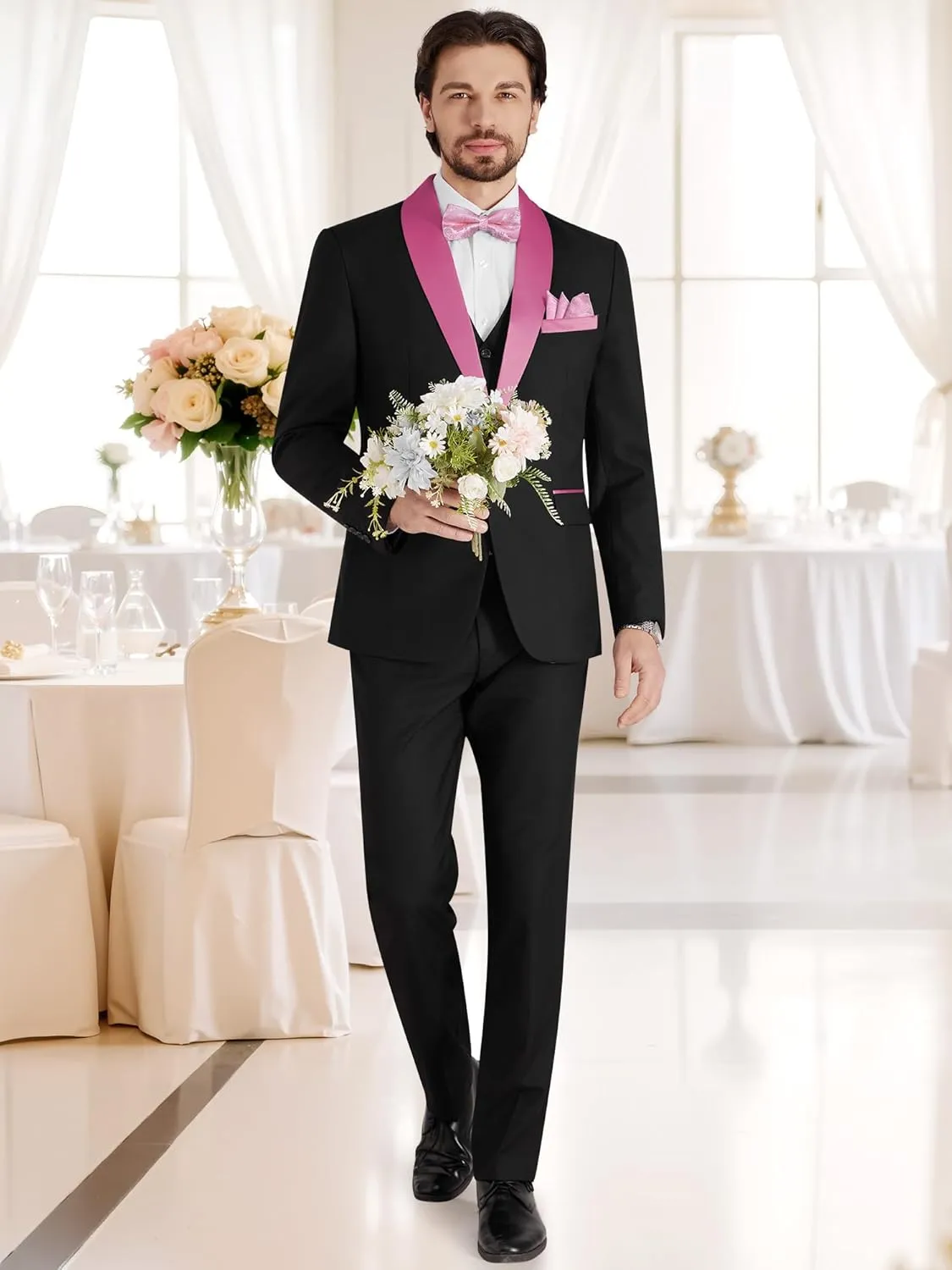 MAGE MALE Men's Slim Fit 3 Piece Suit Solid Shawl Lapel Blazer Jacket Vest Pants Set for Dinner Party Formal Wedding Prom