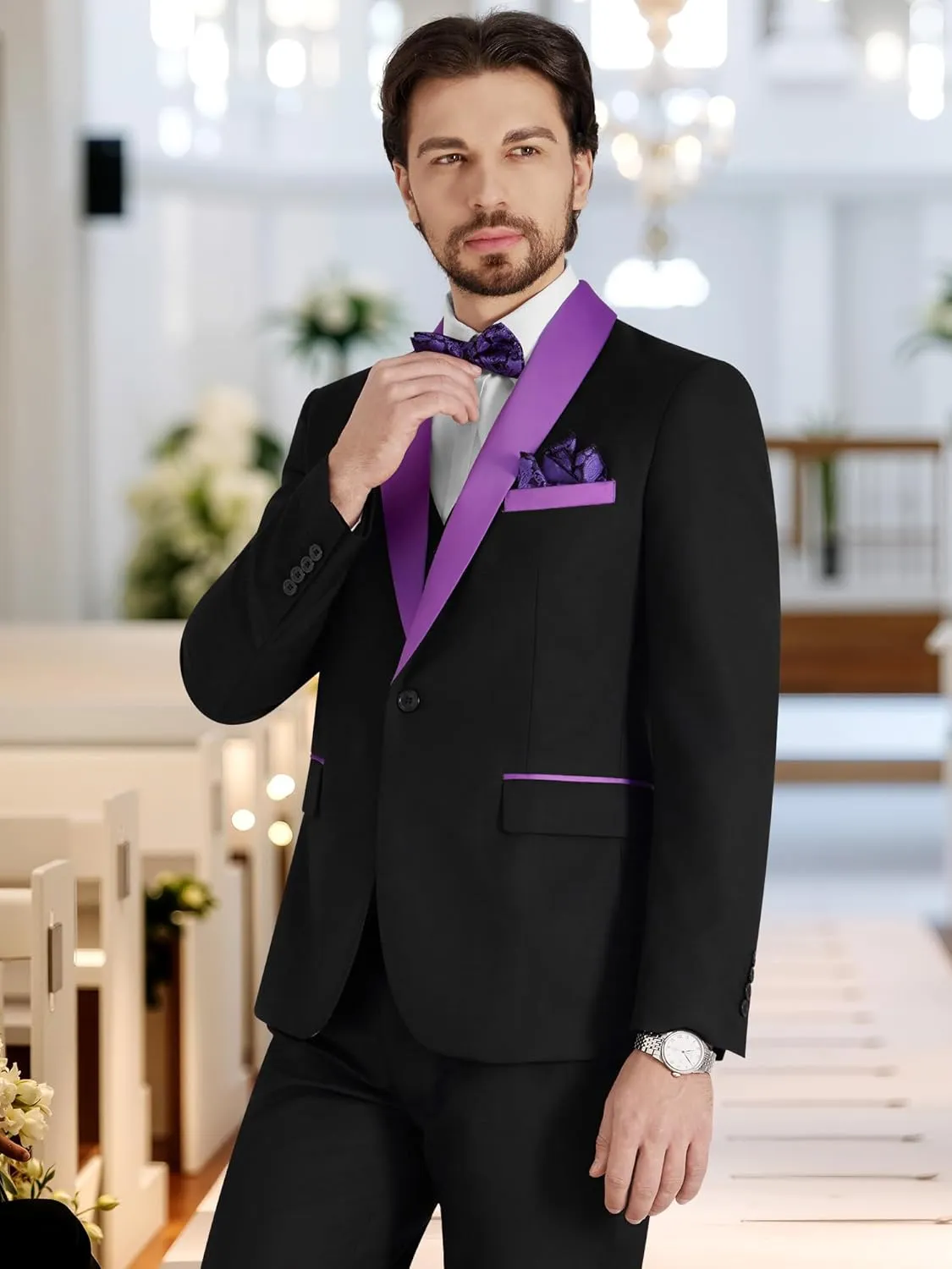 MAGE MALE Men's Slim Fit 3 Piece Suit Solid Shawl Lapel Blazer Jacket Vest Pants Set for Dinner Party Formal Wedding Prom