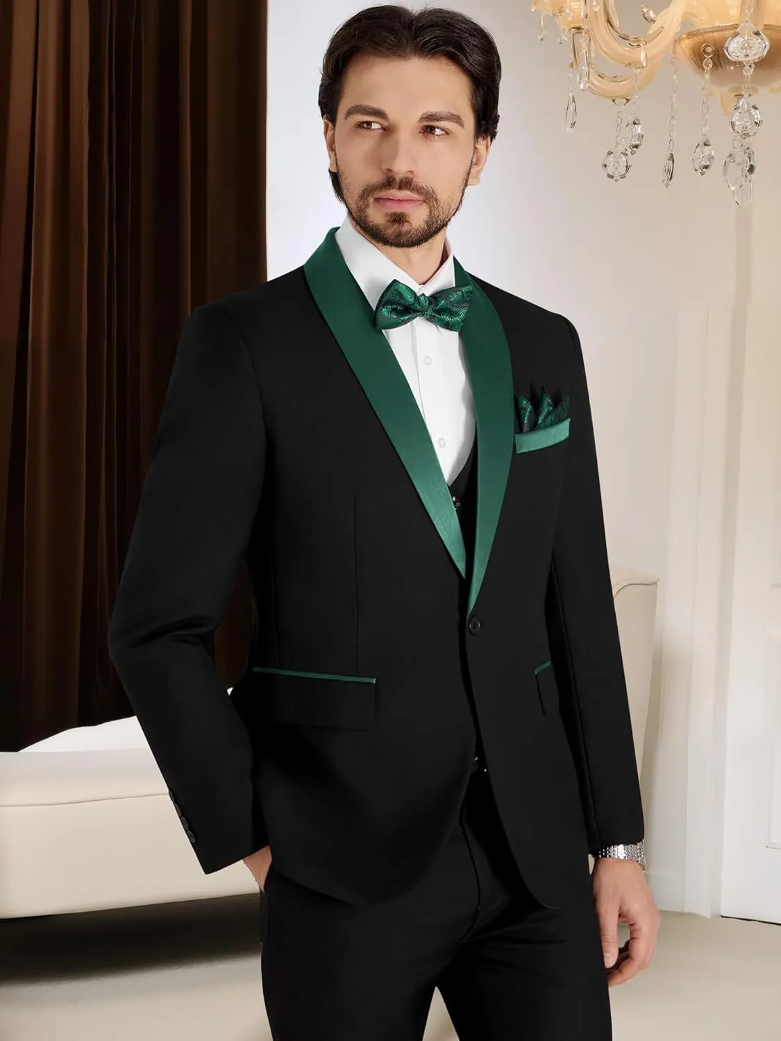 MAGE MALE Men's Slim Fit 3 Piece Suit Solid Shawl Lapel Blazer Jacket Vest Pants Set for Dinner Party Formal Wedding Prom