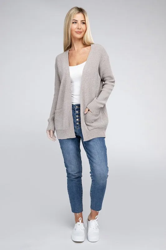Melange Open Front Sweater Cardigan - Zenana
