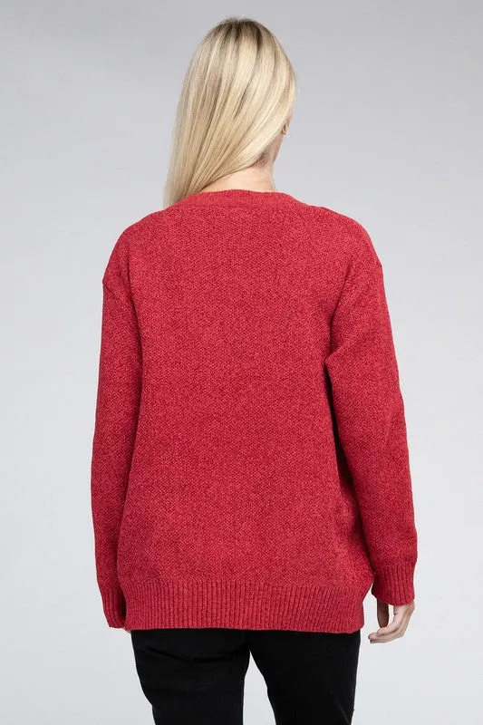 Melange Open Front Sweater Cardigan - Zenana