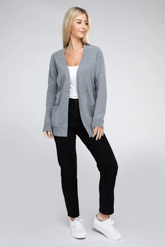 Melange Open Front Sweater Cardigan - Zenana