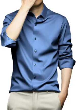 Men Social Shirt Long Sleeve Solid Silk Non Iron Wrinkle Resistant Business Formal Dress Shirt