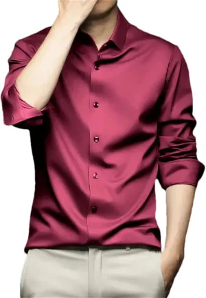 Men Social Shirt Long Sleeve Solid Silk Non Iron Wrinkle Resistant Business Formal Dress Shirt