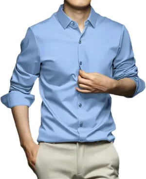 Men Social Shirt Long Sleeve Solid Silk Non Iron Wrinkle Resistant Business Formal Dress Shirt