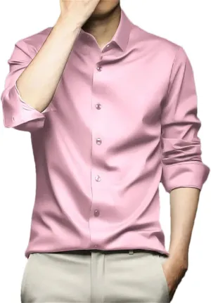 Men Social Shirt Long Sleeve Solid Silk Non Iron Wrinkle Resistant Business Formal Dress Shirt