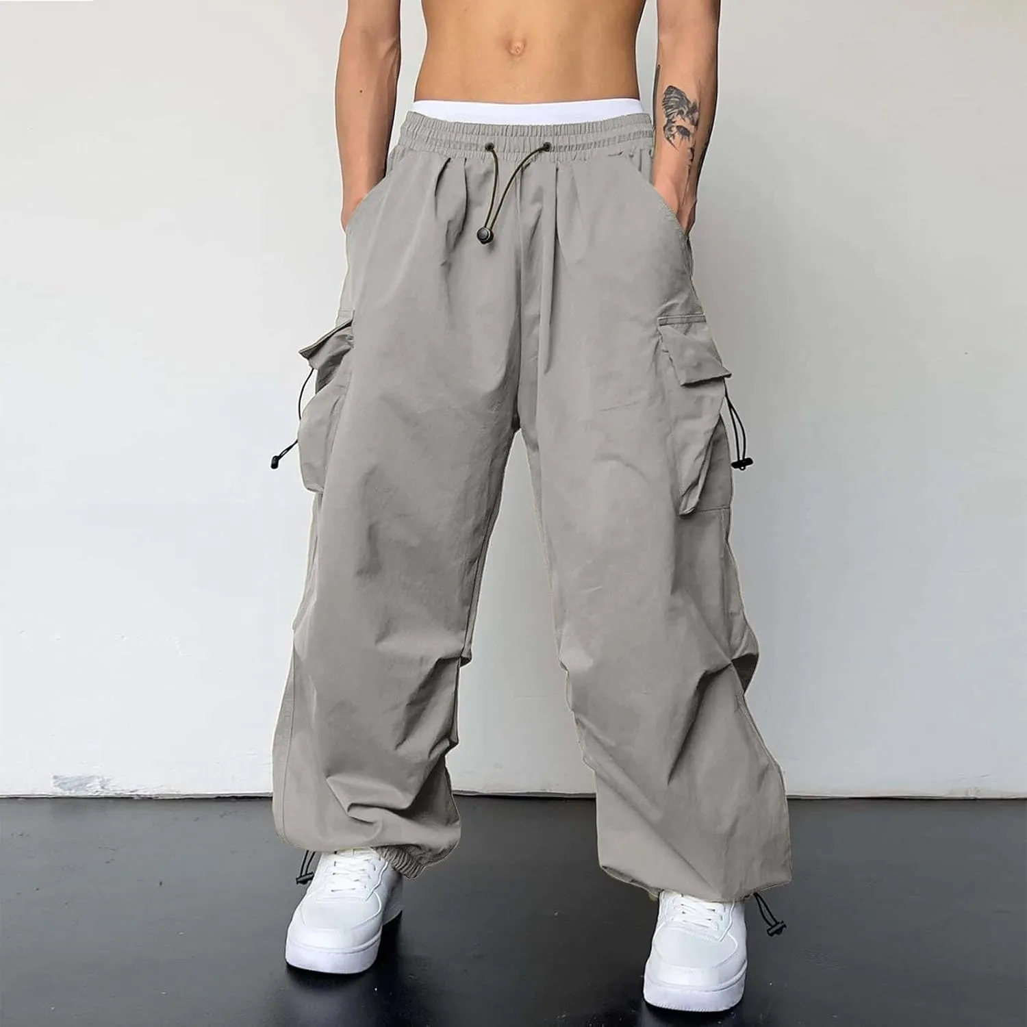 Men's Cargo Pants Casual Cotton Stretchy Elastic Waist Drawstring Pant Work Pants with Pockets