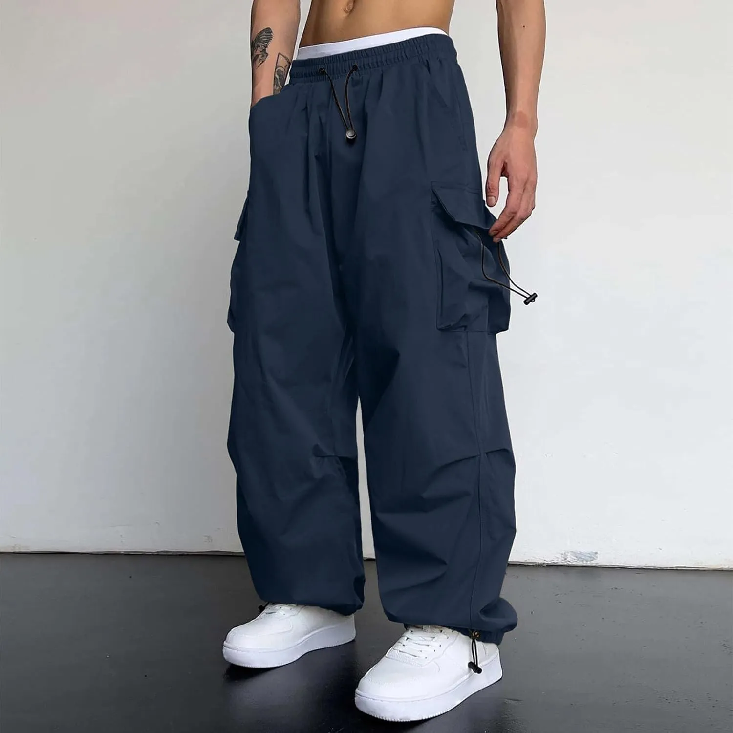 Men's Cargo Pants Casual Cotton Stretchy Elastic Waist Drawstring Pant Work Pants with Pockets