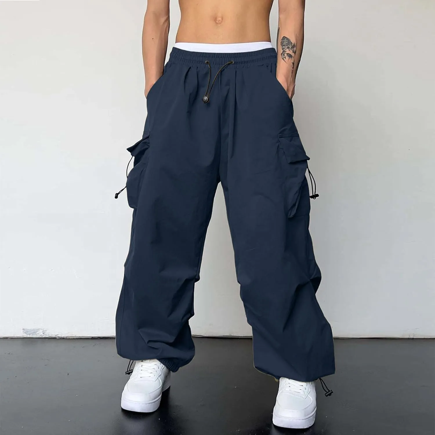 Men's Cargo Pants Casual Cotton Stretchy Elastic Waist Drawstring Pant Work Pants with Pockets