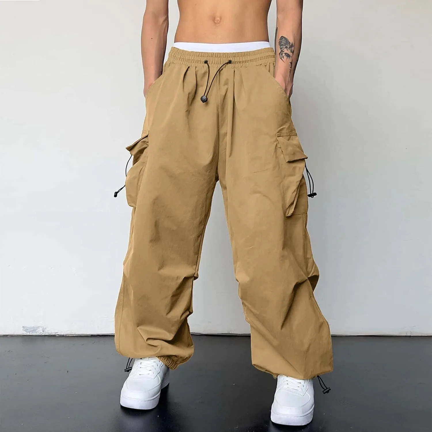 Men's Cargo Pants Casual Cotton Stretchy Elastic Waist Drawstring Pant Work Pants with Pockets