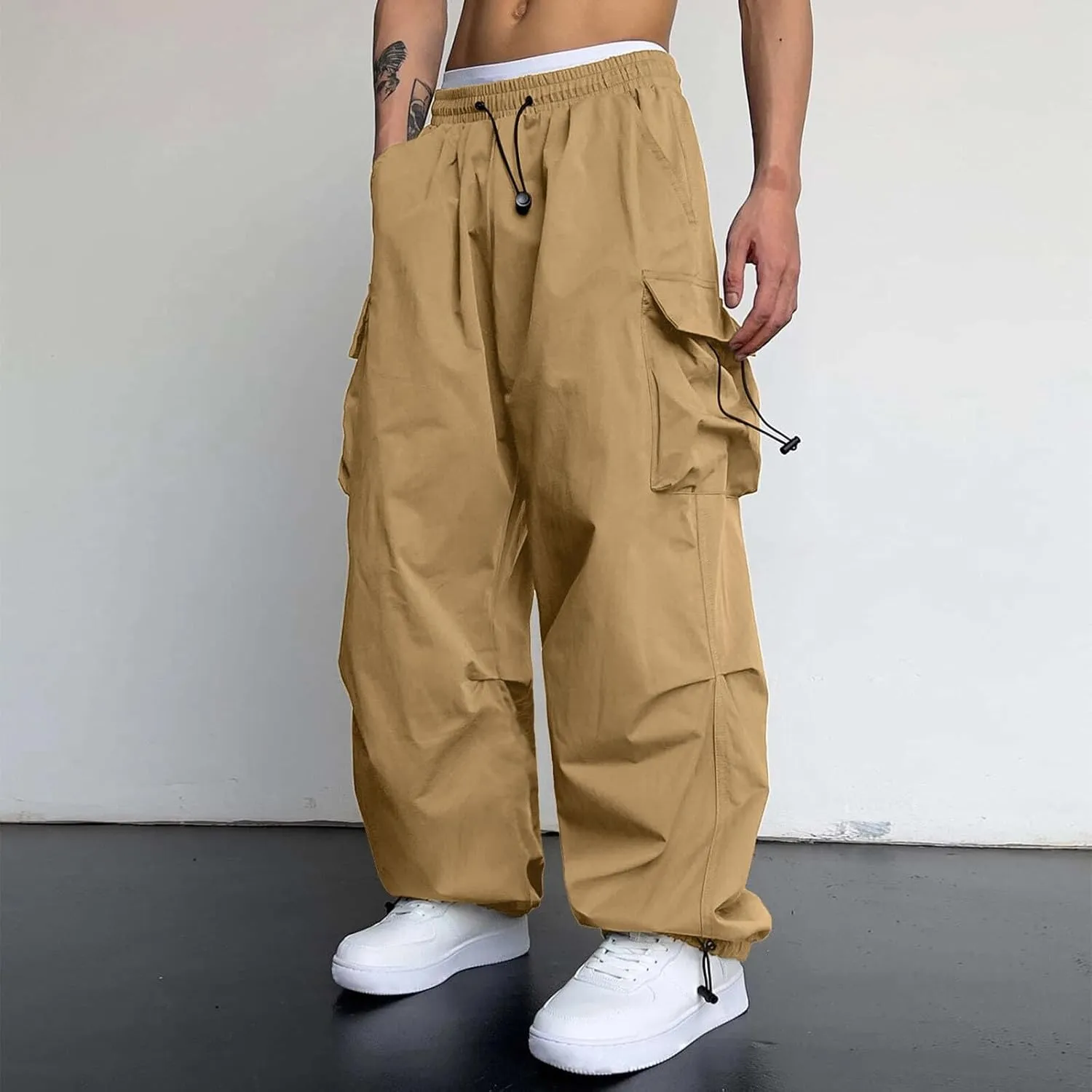 Men's Cargo Pants Casual Cotton Stretchy Elastic Waist Drawstring Pant Work Pants with Pockets