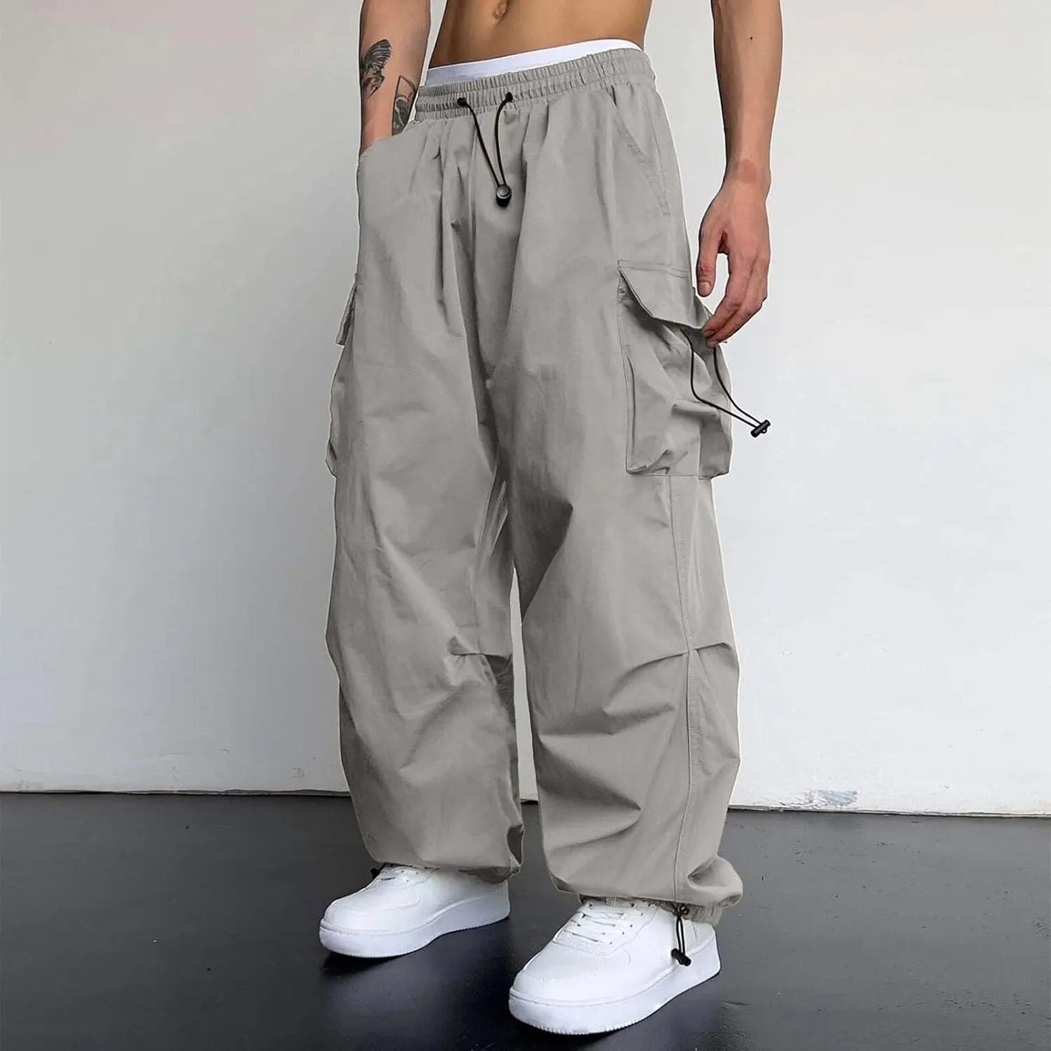 Men's Cargo Pants Casual Cotton Stretchy Elastic Waist Drawstring Pant Work Pants with Pockets