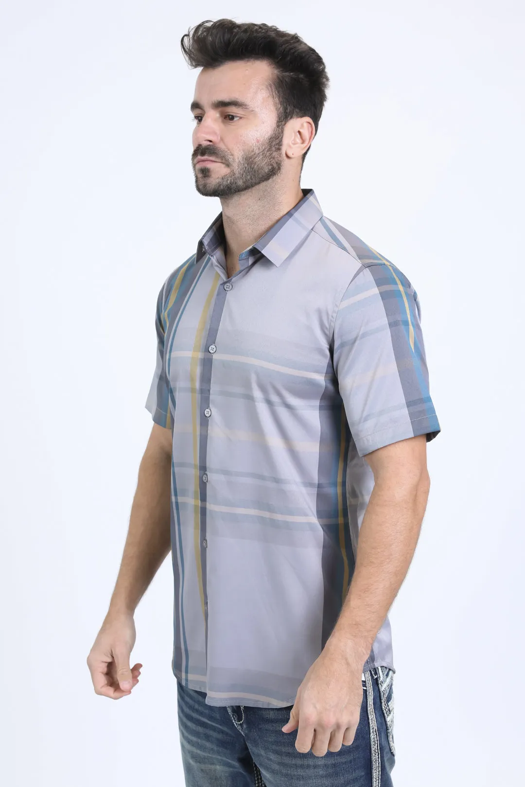 Mens Checkered Short Sleeve Lt. Grey Shirt