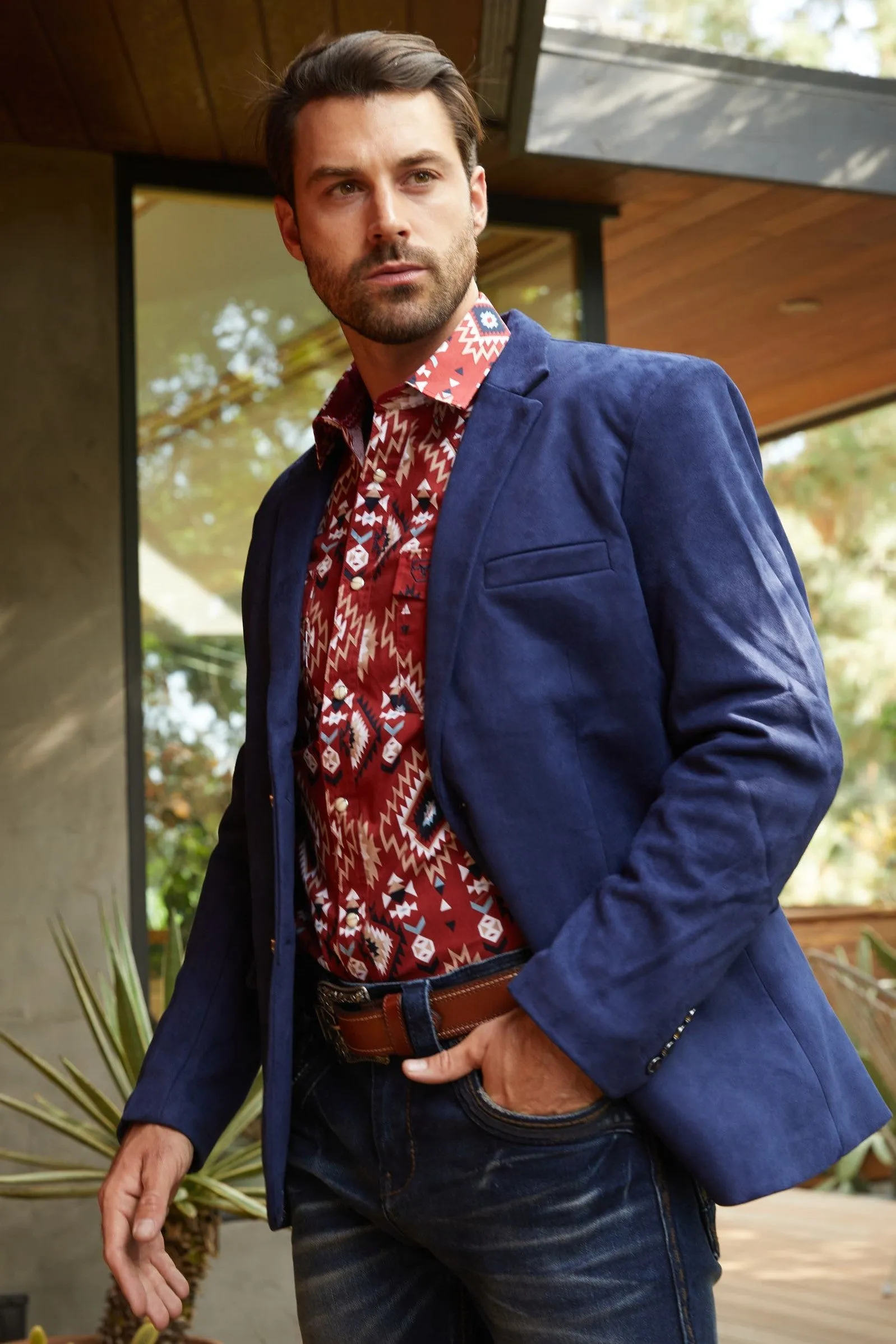 Men's Double Button Navy Faux-Suede Blazer