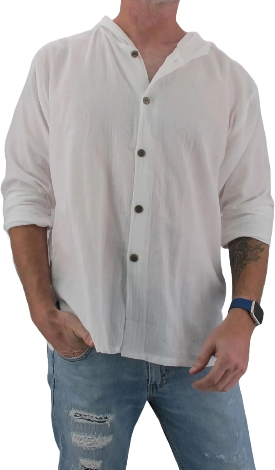 Men's Hoodie Button Down Hippie Shirts Beach 100% Soft Cotton Top Yoga Shirt